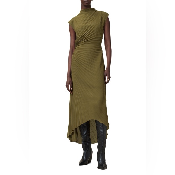 All Saints Dresses & Skirts - AllSaints Rayanna Pleated Cap Sleeve Dress Size 10 Olive Green